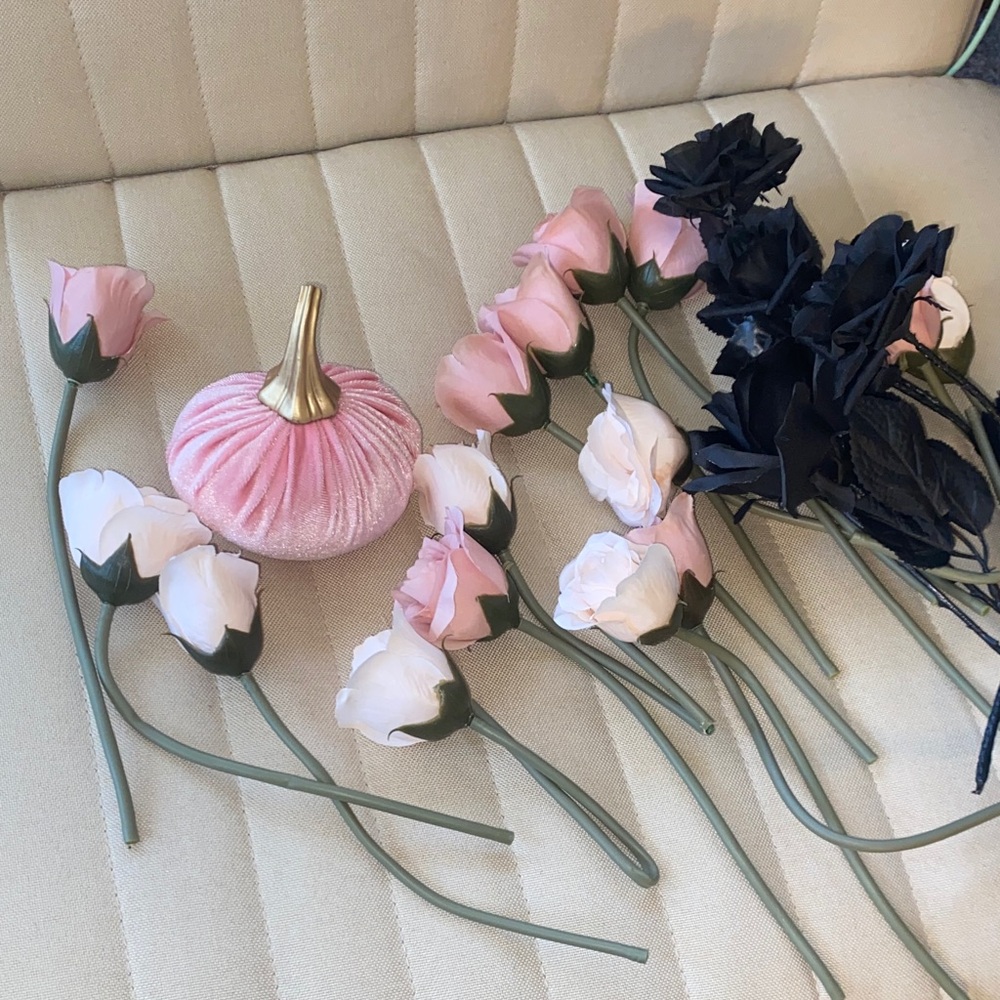 EUC Pink Black Flower Bundle & Velvet Pumpkin Fall Decor Halloween HOBBY LOBBY